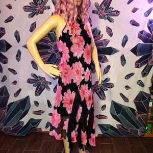 Floral Flutter Halter Neck Dress - Pink and Black BLOOMS *** No Label MEDIUM